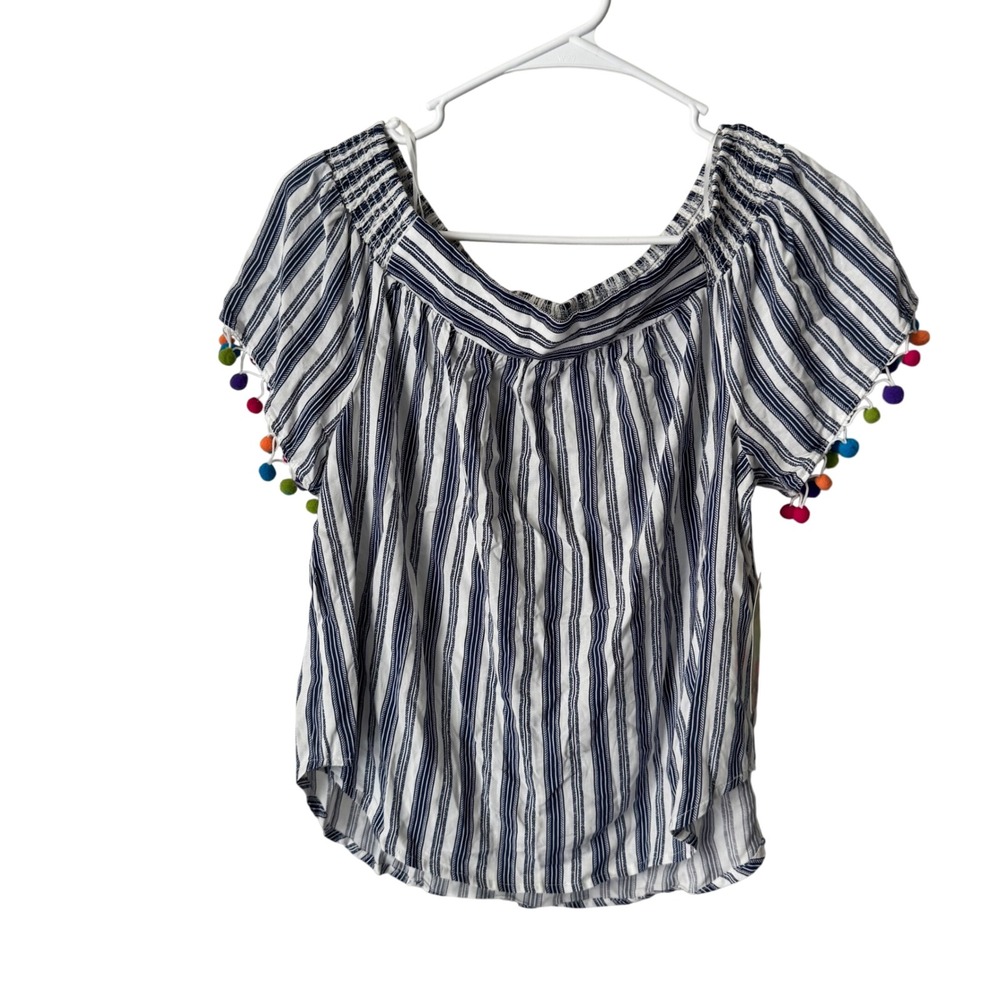 Lily White Blue White Striped Off Shoulder Pom Pom Trim Top NWT Size L